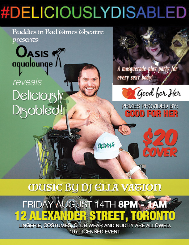 Advertisement for "Deliciously Disabled." A man sit naked on a wheelchair, with a hat in his lap. 