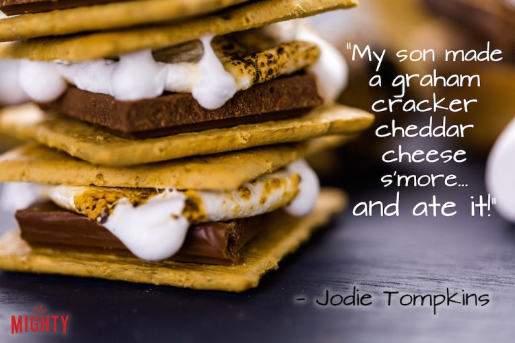 A quote from Jodie Tompkins that says, "My son made a graham cracker cheddar cheese s'more... and ate it!"