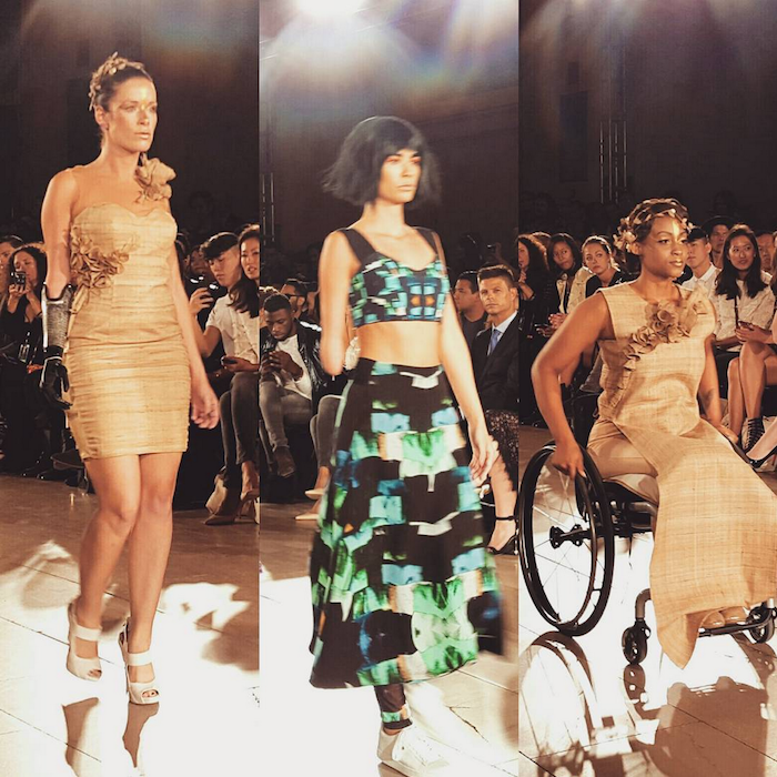 Photo of three models with disabilities on the runway at FTL Moda 2015 NYFW show