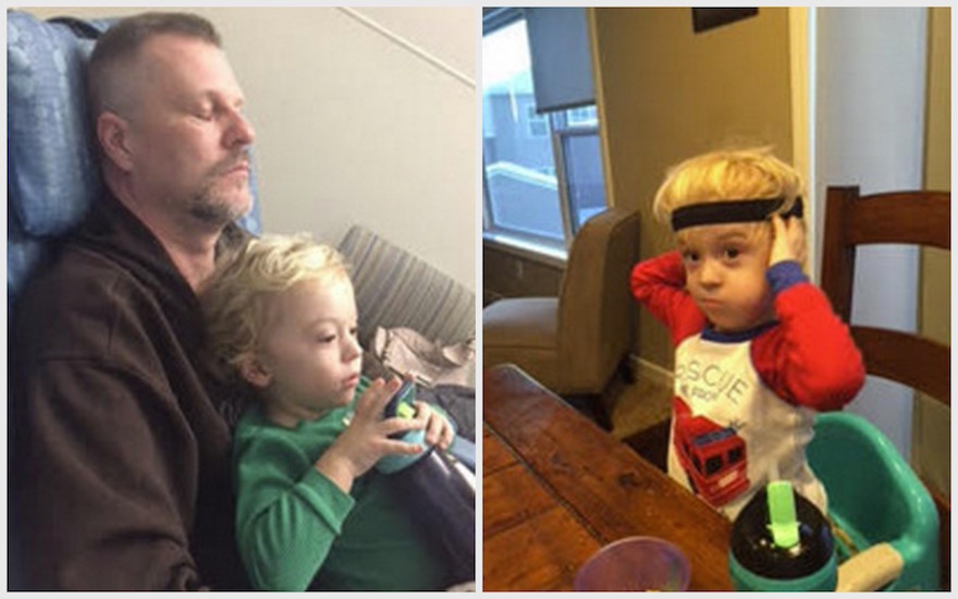 Two side-by-side photos: On the left, a photo of a boy sitting on his dad's lap. On the left, a photo of a boy sitting at a table.