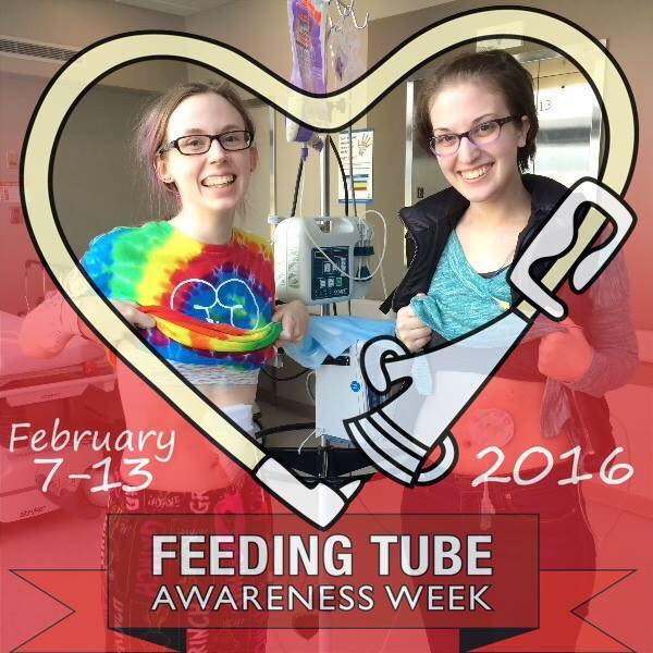 Feeding Tube Awareness Week photo with a heart drawn around two women showing their feeding tubes