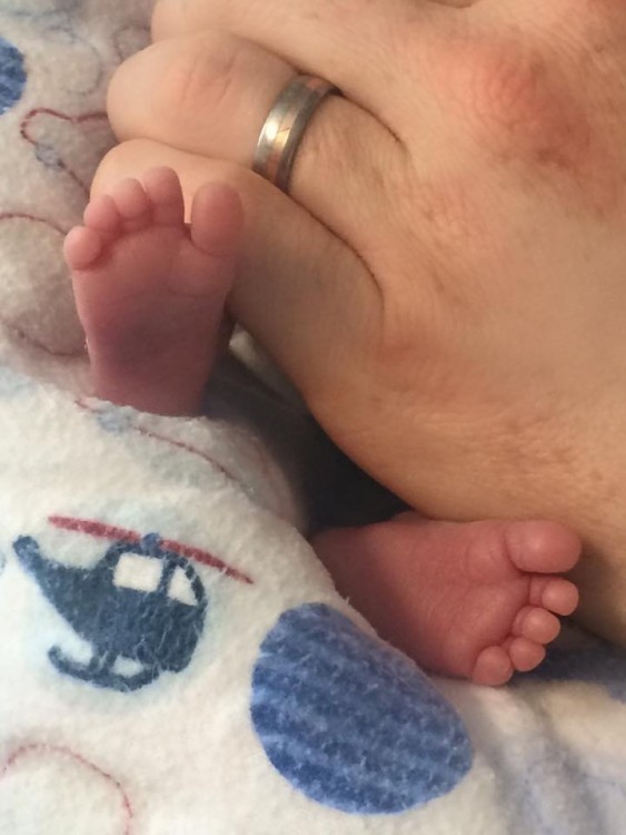premature baby feet and adult hand
