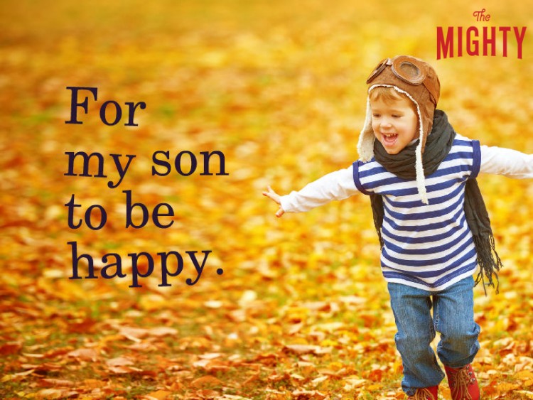 Boy running through leaves with caption 'For my son to be happy.'
