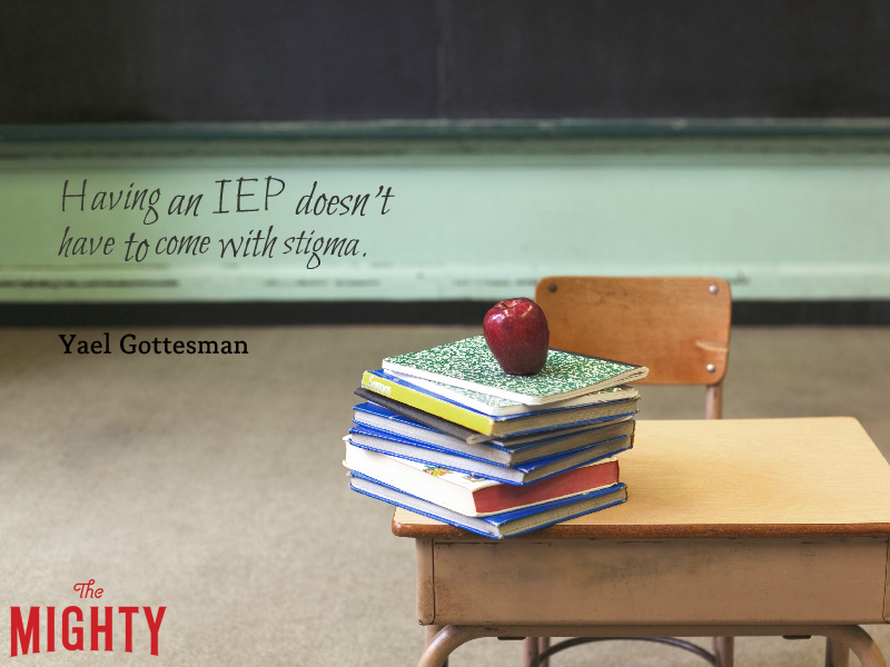 A photo of a stack of books and an apple on a desk with the text: Having an IEP doesn't have to come with stigma.” — Yael Gottesman
