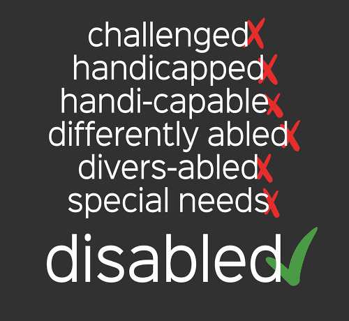 meme that has exes next to the words "challenged, handicapped, handi-capable, differently ablbed, diverse-abled, special needs" and a checkmark next to "disabled"