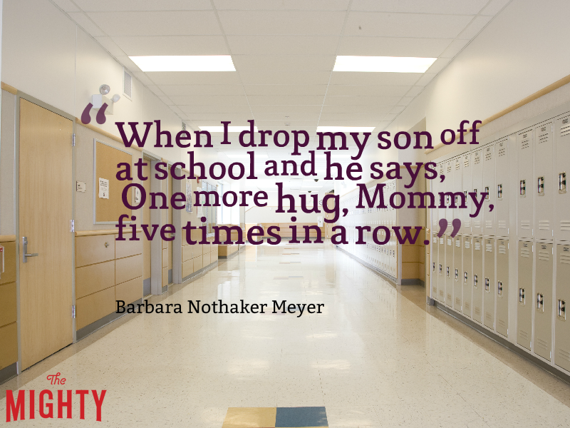 Photo of school hallway with lockers and the text: “When I drop my son off at school and he says, 'One more hug, Mommy,' five times in a row."