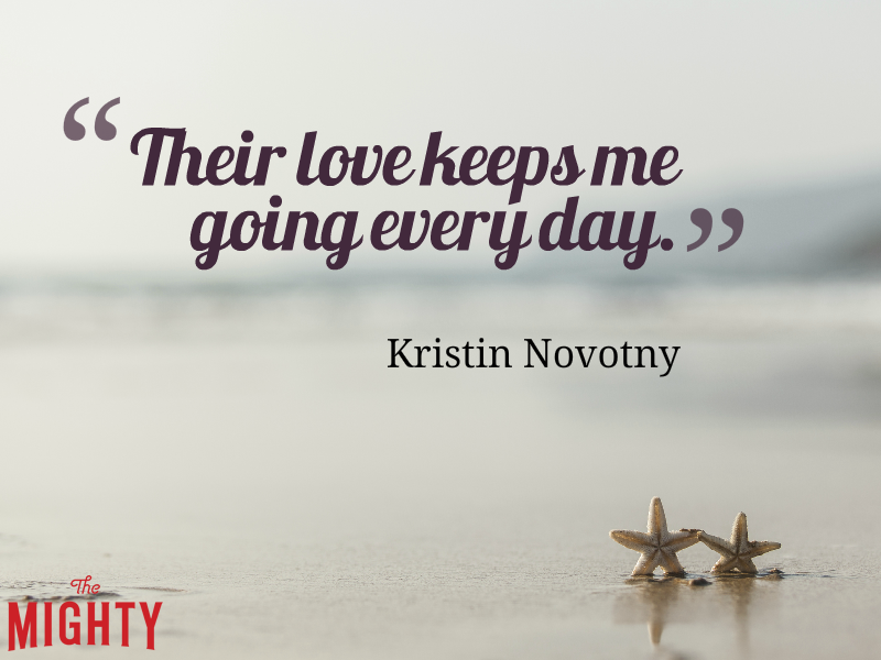 Two starfish on the sand near water with the text: "Their love keeps me going every day.” — Kristin Novotny