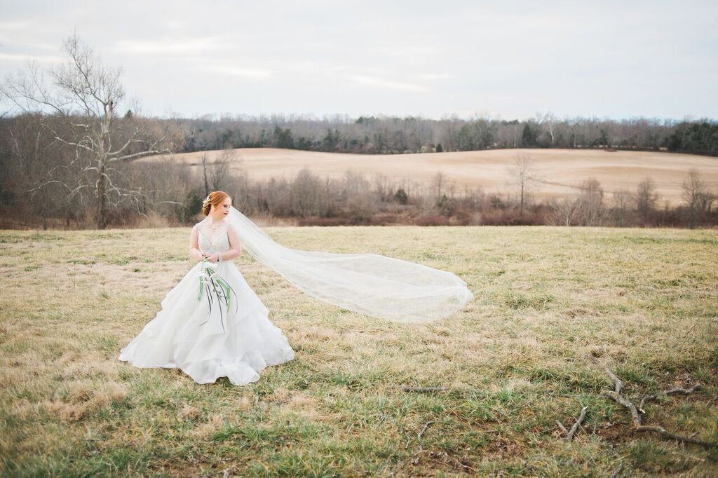 madeline stuart in wedding dress, veil blowing in the wind