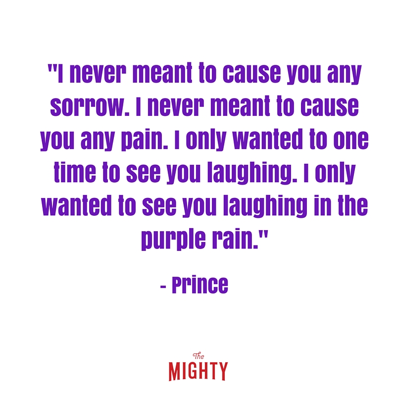 purple lettering that says i never meant to cause you any sorry. i never meant to cause you any pain. i only wanted to one time to see you laughing . i only wanted to see you laughing in the purple rain.