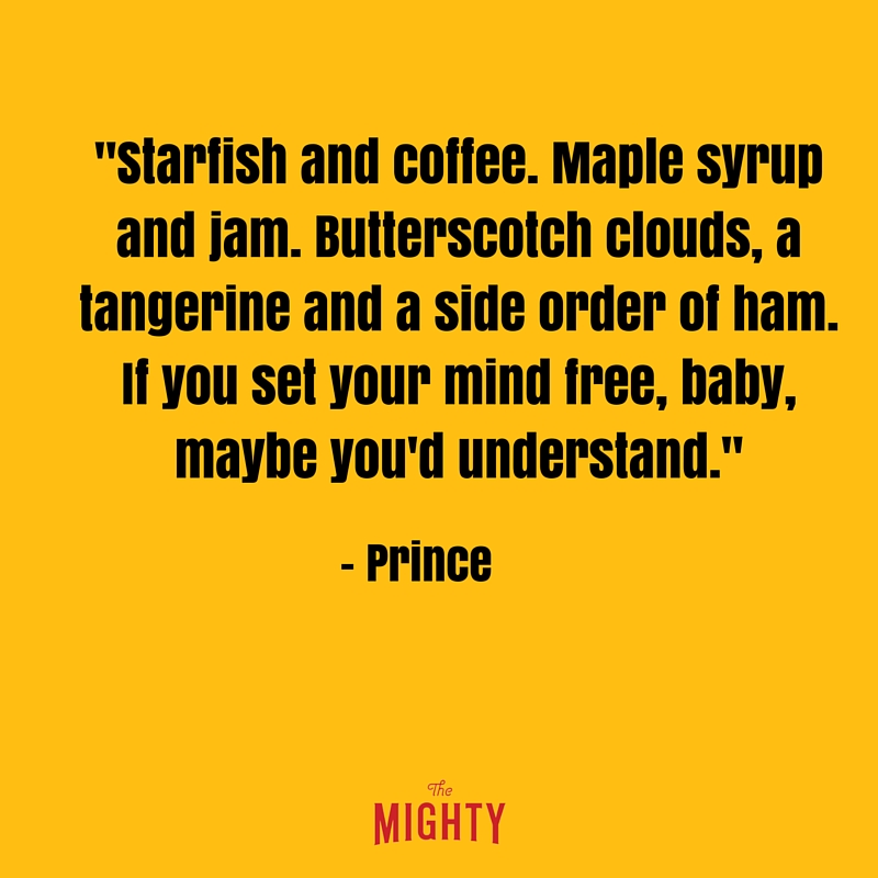 black lettering that says starfish and coffee, maple syrup and jam, butterscotch clouds, a tangerine and a a side order of ham. if you set your mind free, baby, maybe you'd understand