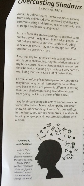 article in school newspaper written by nonverbal teen with autism