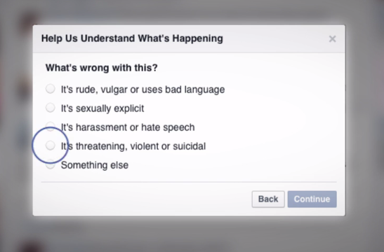 Text box with the options, It's rude, vulgar or uses bad language, It's sexually explicit, It's harassment or hate speech, It's threatening, violent or suicidal, something else. The option, it's threatening, violent or suicidal is selected. 