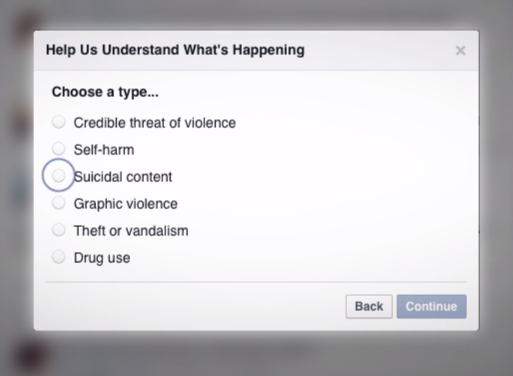 Text box reads Choose a type. Options are Credible threat of violence, self-harm, suicidal content, graphic violence, theft or vandalism, drug use. Suicidal content is selected. 