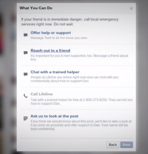 Text box reads, What can you do? Options are Offer help or support, Reach out to a friend, Chat with a trained helper, Call lifeline, and ask us to look at the post. 