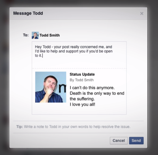 Message that reads, "Hey Todd - your post really concerned me, and I'd like to help and support you if you'd be open to it."