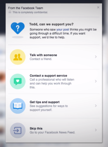 Text box with the options: Todd, can we support you? Talk with someone. Contact a support service. Get tips and support. Skip this. 