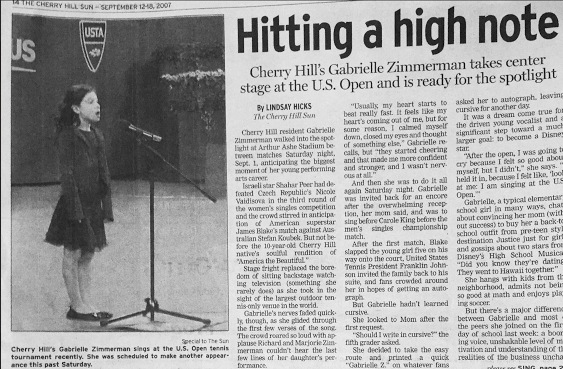 newspaper cut out of gabrielle singing a the u.s. open
