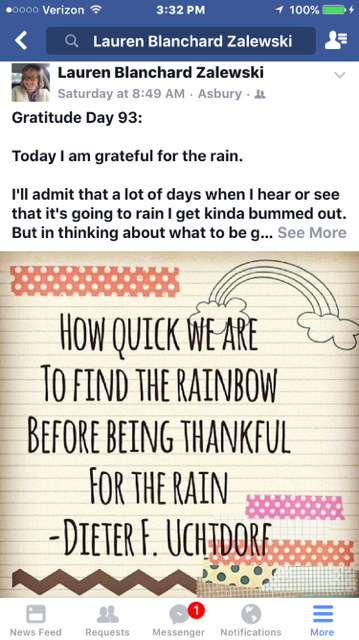 Facebook post about gratitude for rain