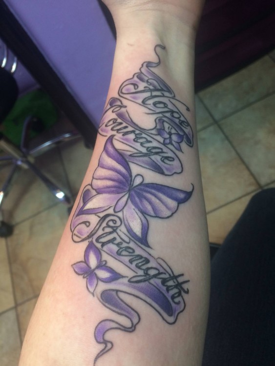 tattoo of purple butterflies and words hope and strength