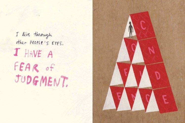 Text reads: I live through other people's eyes. I have a fear of judgment. Images shows man standing on a pyramid of cards that read "confidence"
