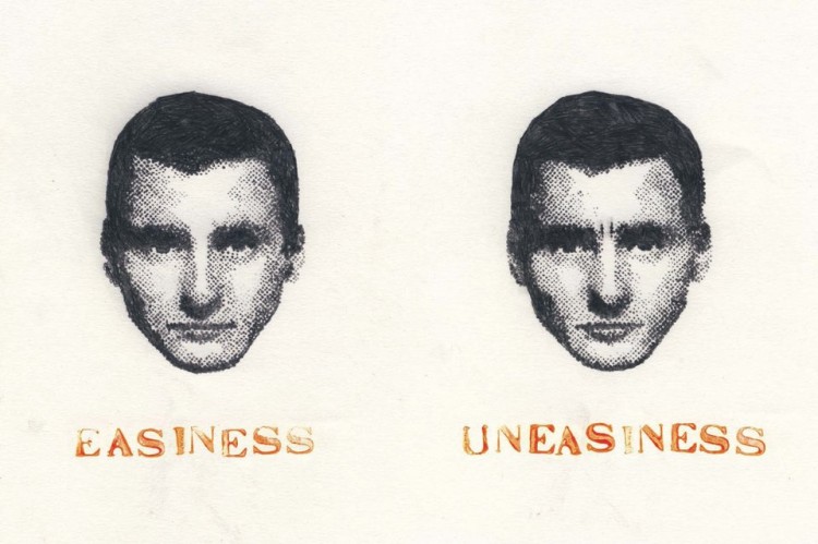 On the left: Man's expressionless face. Text reads: Easiness. On the left, the same man's face. Text reads: Uneasiness.