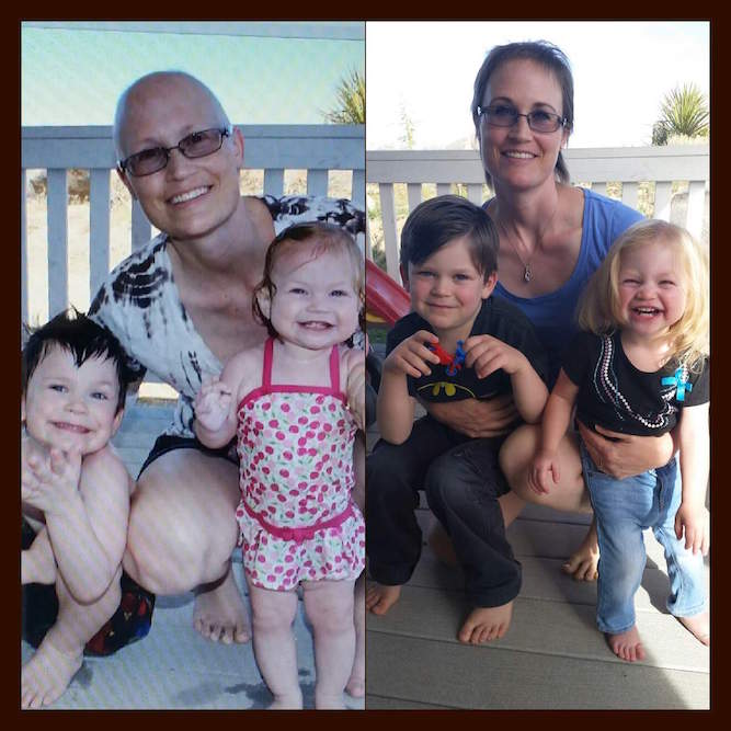 Cindy with her children on a balcony with hairloss from chemo, and Cindy with her children post chemotherapy. 