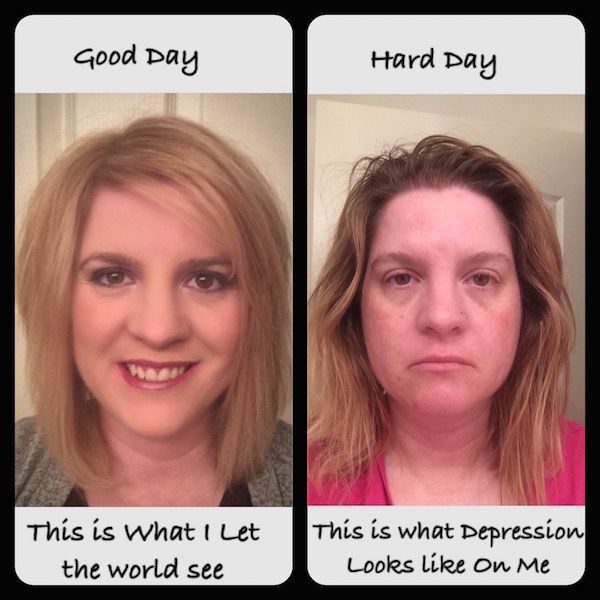 Two images: On the left, a woman who is made up. The text reads: This is what I let the world see. On the right, a woman who looks more disheveled. Text reads: This is what depression looks like on me.