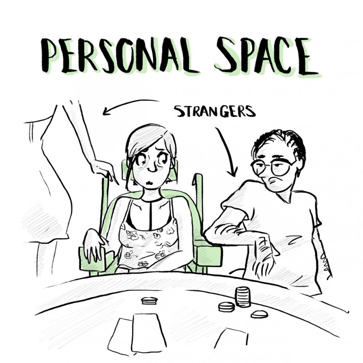[Image Title: Personal Space. Image Description: A drawing of a girl in a wheelchair and another person at a casino table. On her left, a woman holds on to her handle bar. On her right, a man is leaning on her arm rest, as the girl in the wheelchair looks terrified.]