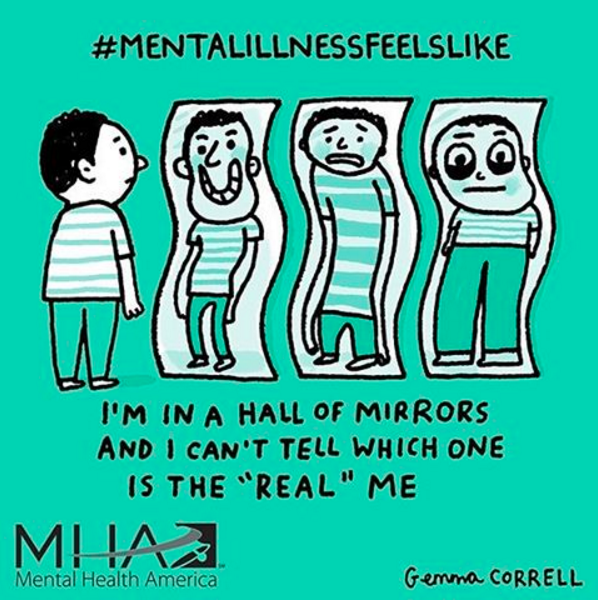 Image shows a man looking into three different fun mirrors. Text reads: Mental illness feels like: I'm in a hall of mirrors and I can't tell which one is the real thing.