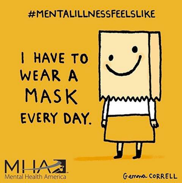 image shows a girl wearing a paper bag on her head with a drawn smile. Text reads: I have to wear a mask every day.