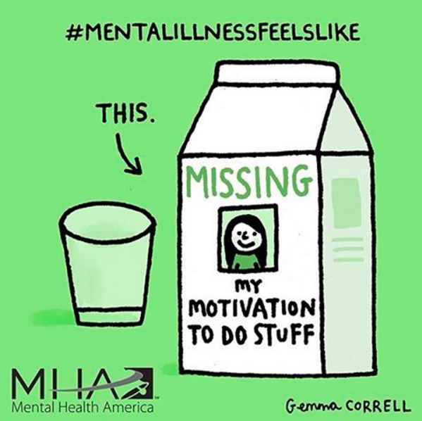 Images shows a milk carton with the text: Missing, my motivation to do stuff.