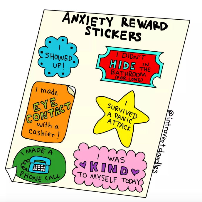 Anxiety award stickers that read: I showed up! I didn't hid in the bathroom (for too long). I survived a panic attack. I was kind to myself today. I made a phone call. I made eye contact with a cashier.