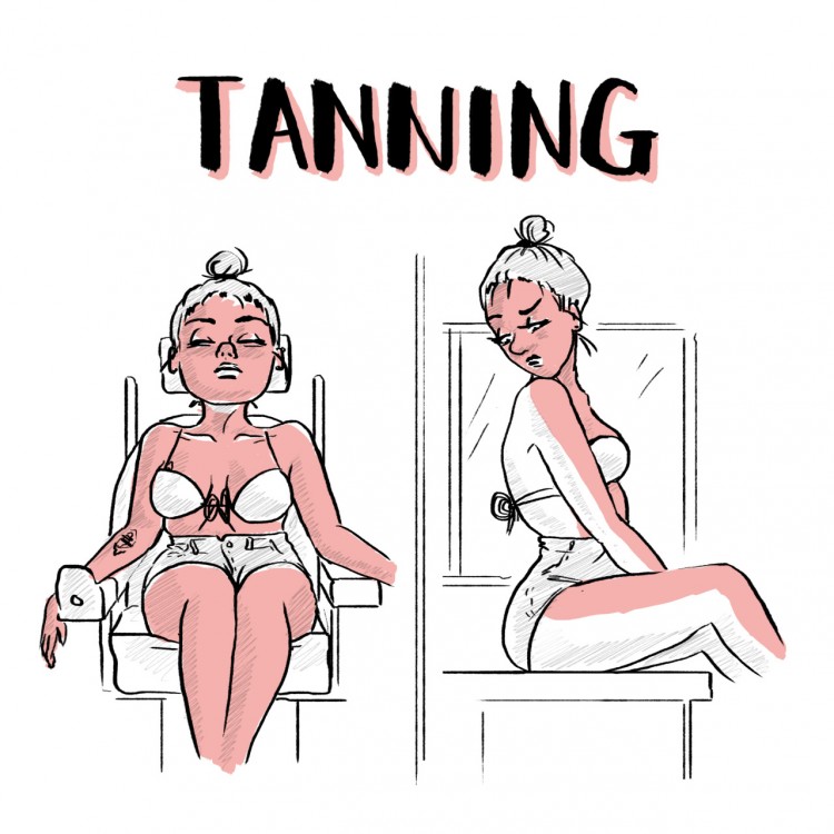 [Image Title: Tanning. Left Image Description: A girl in a wheelchair is tilted back in her chair, with a bikini top and shorts, tanning. Right Image Description: That same girl is sitting on a counter, looking back disappointed as only the front half of her body is tanned.]