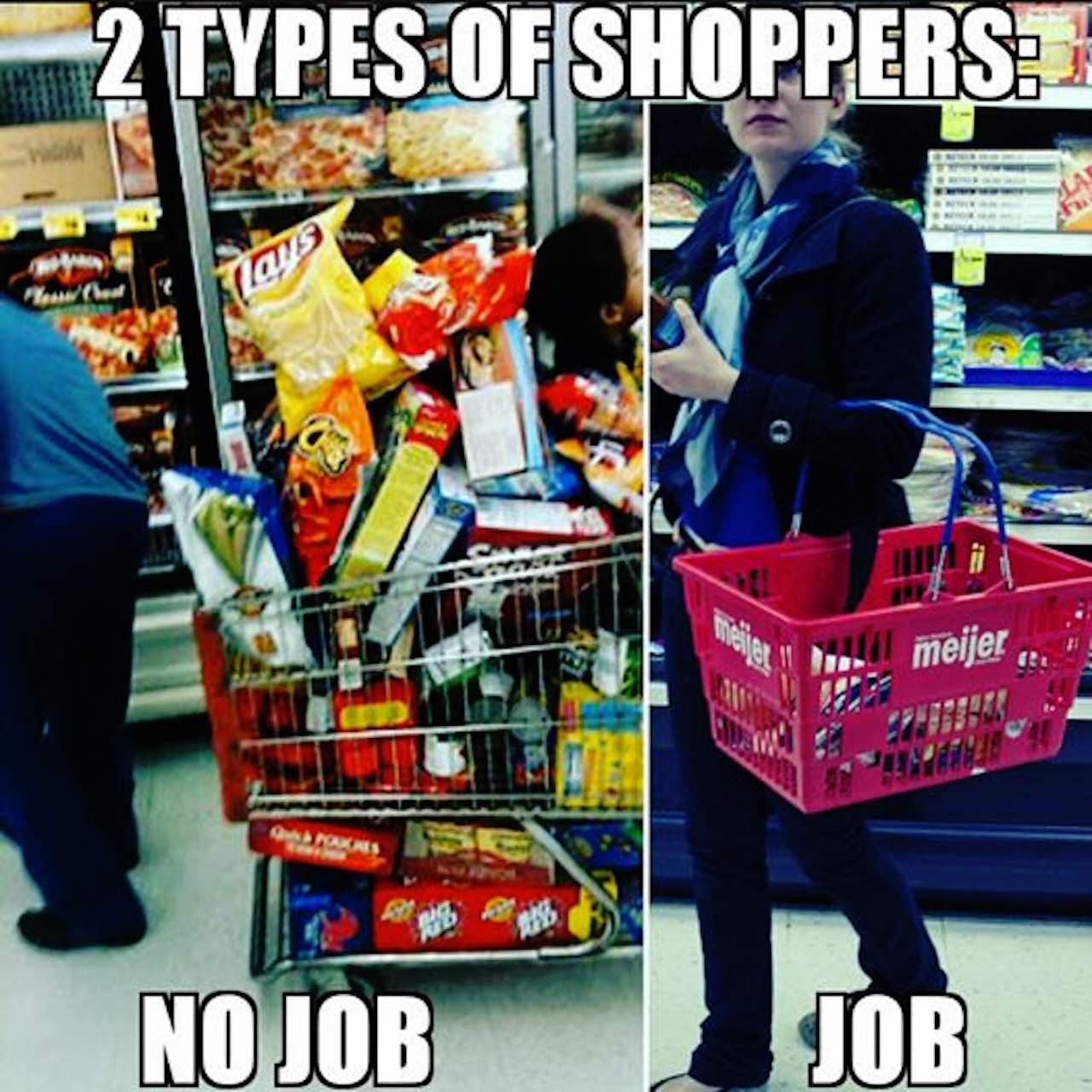 meme showing two shoppers, one with an empty cart and the word 'job' and one with a full cart and the word 'food stamps'