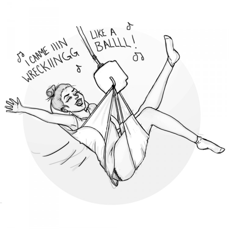 [Image Description: drawing of a girl swinging across in a ceiling lift and sling, kicking out her arm and legs, singing “I CAME IN LIKE A WRECKING BALL!”]