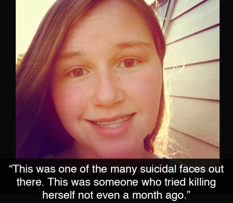 Selfie of a woman: Text reads: This was one of the many suicidal faces out there. This was someone who tried killing herself not even a month ago. 