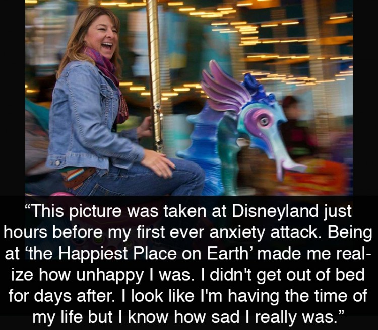 woman on a carousel: This picture was taken at Disneyland just hours before my first ever anxiety attack. Being at ‘the Happiest Place on Earth' made me realize how unhappy I was. I didn't get out of bed for days after. I look like I'm having the time of my life but I know how sad I really was.