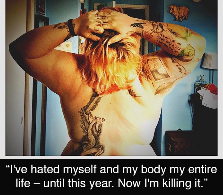 Woman, shirtless with her back to the camera. She has many tattoos. Text reads: I've hated myself and my body my entire life--until this year. Now I'm killing it.