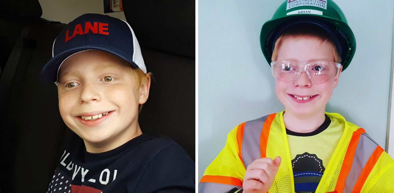 Side-by-side photos of a boy wearing a hat that says Lane and a bright yellow vest and a hard hat
