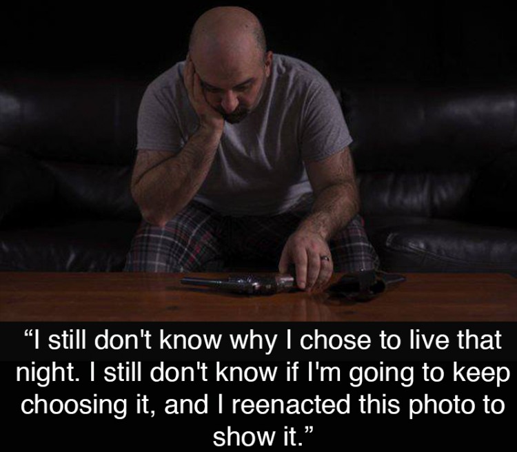 A man looking down at a gun in the dark. Text reads: "I still don't know why I chose to live that night. I still don't know if I'm going to keep choosing it, and I reenacted this photo to show it."