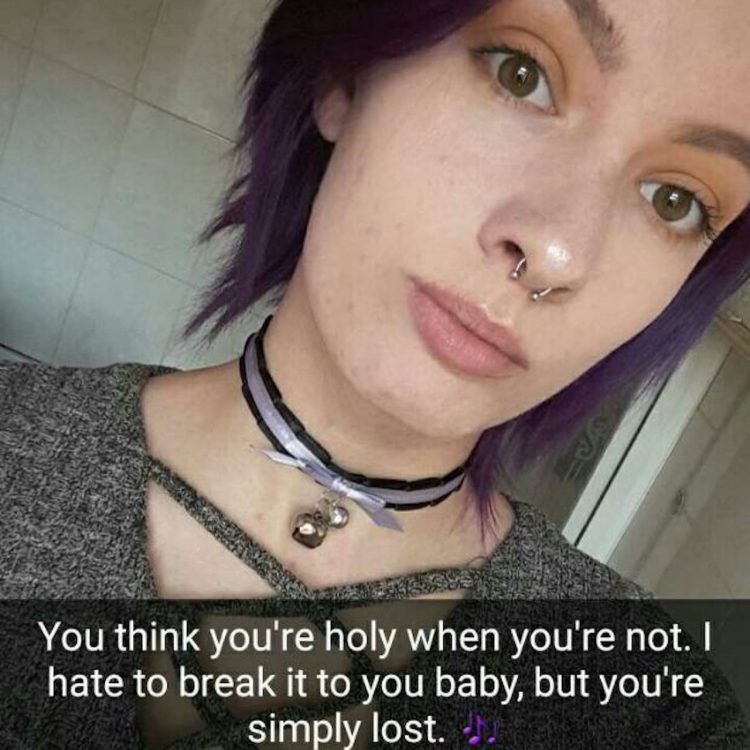 selfie of college student with purple hair and necklaces and a caption that reads 'you think you're holy when you're not. I hate to break it to you baby, but your'e simply lost.'