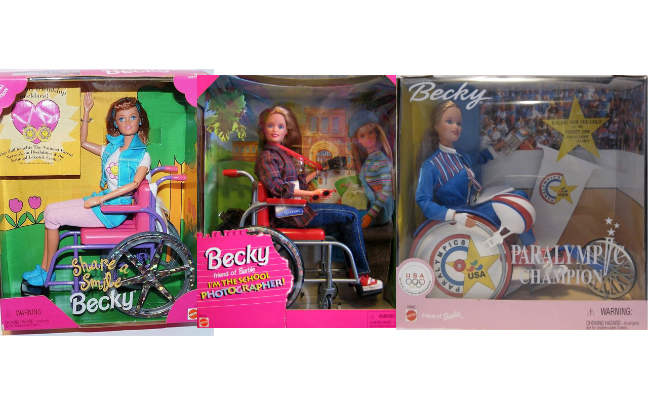 Becky wheelchair doll banner showing Share a Smile, School Photographer and Paralympic Becky.