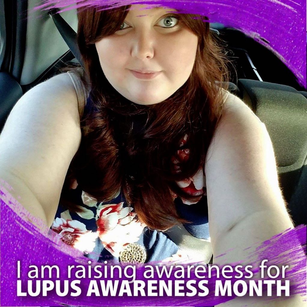 selfie of a woman with text saying 'I am raising awareness for lupus awareness month'