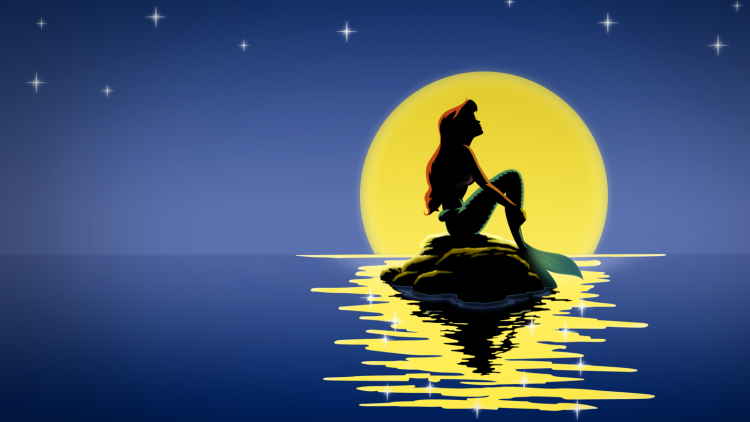 princess ariel sitting on a rock with the moon behind her