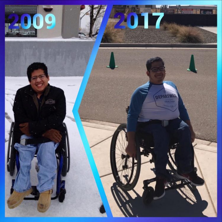 side by side photos of a man in a wheelchair in 2009 and 2017