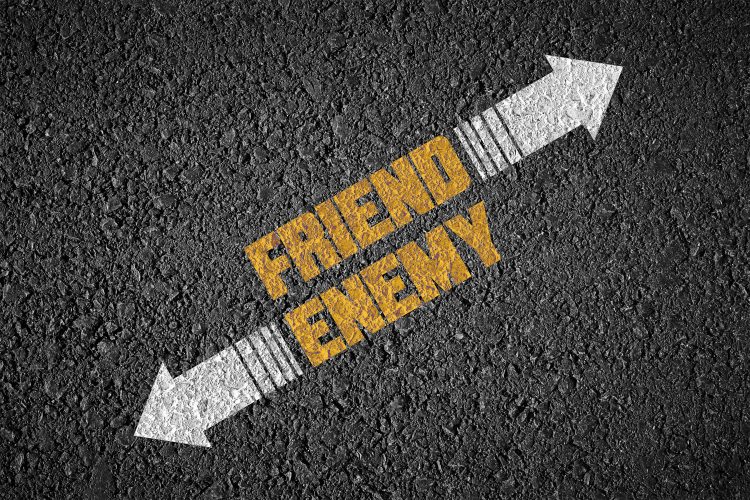 arrows pointing one way for 'friend' and the opposite way for 'enemy'