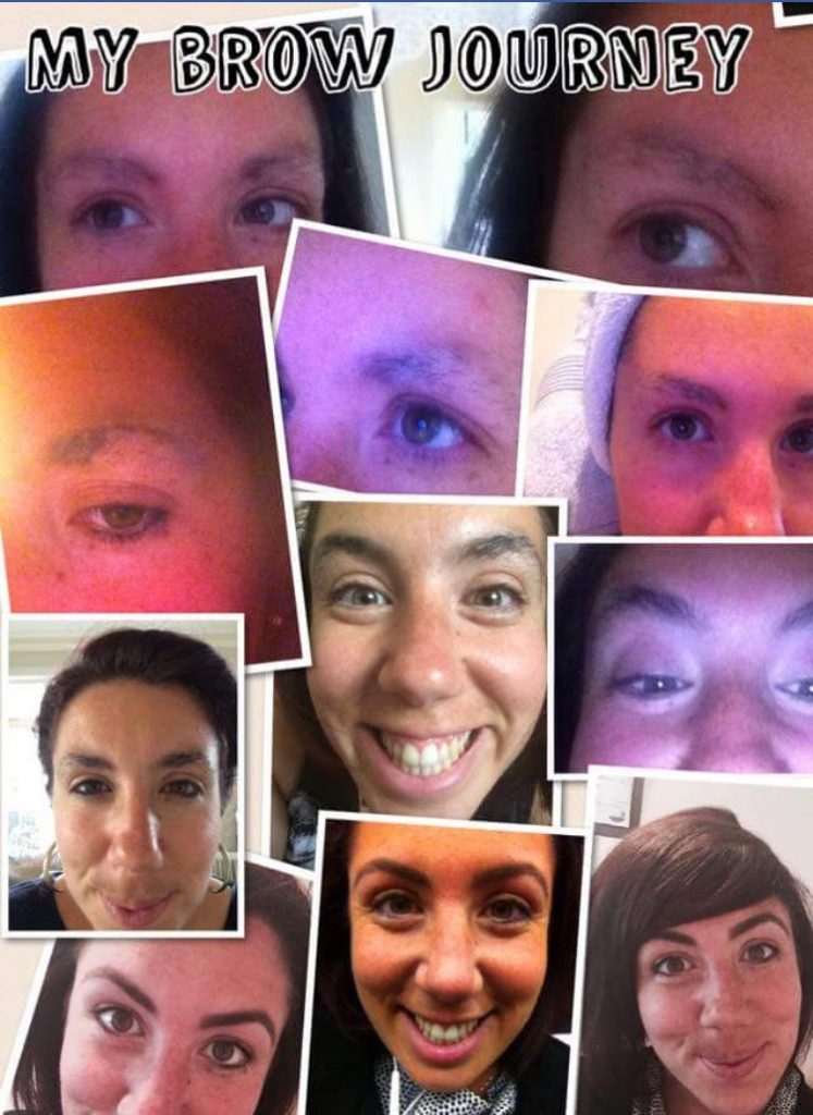 collage of woman smiling and shots of eyebrows
