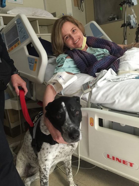 woman and therapy dog in the hospital