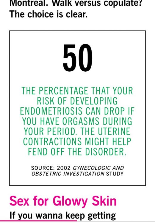 screenshot of cosmopolitan magazine saying women have 50 percent less chance of having endometriosis if they have orgasms during their periods