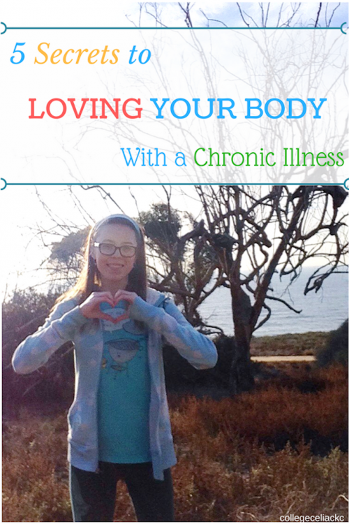woman standing outside and making a heart shape with her hands, with text that says '5 secrets to loving your body with a chronic illness'
